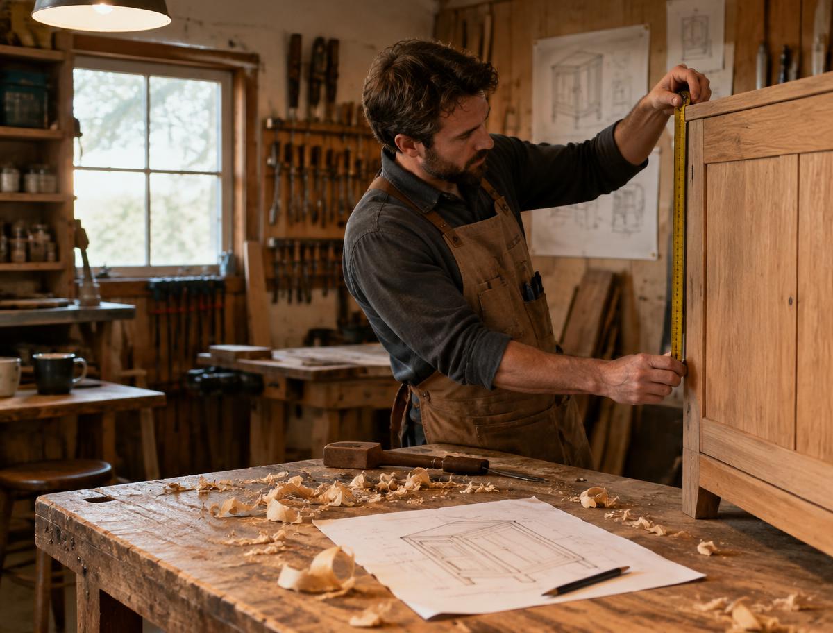 Craftsman measuring a custom wooden cabinet